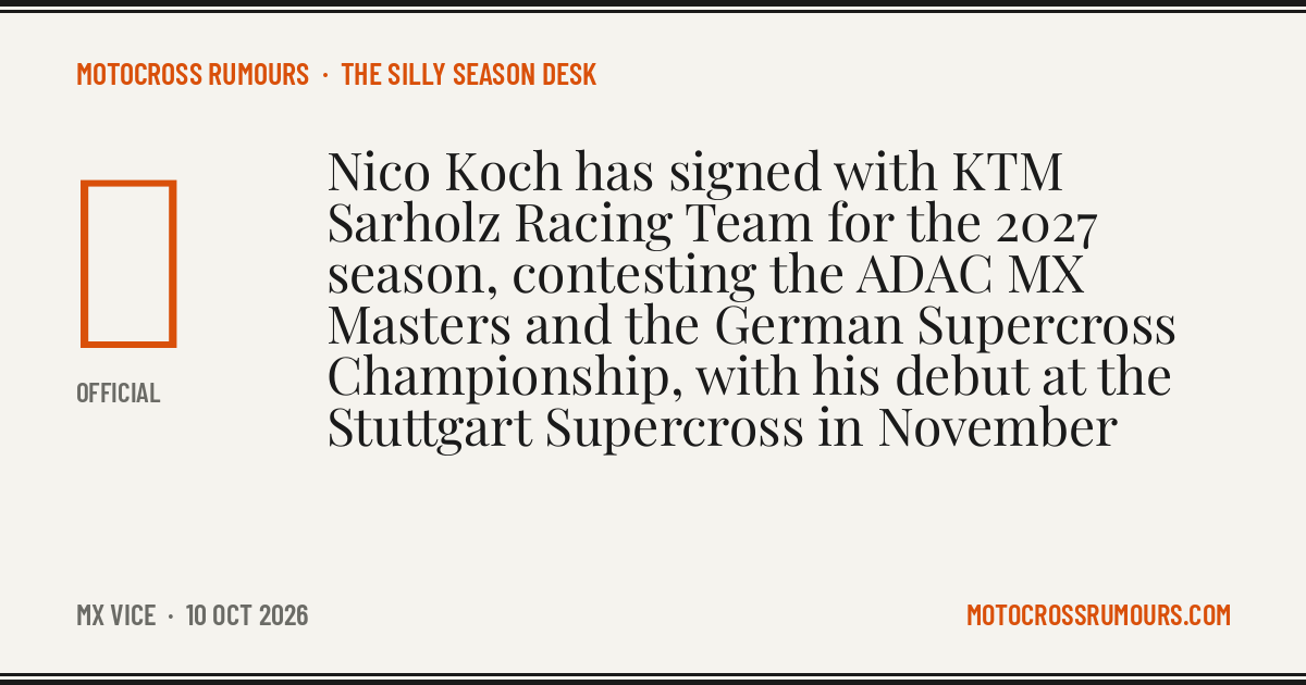 Nico Koch to KTM Sarholz Racing Team for 2027: confirmed | Motocross ...
